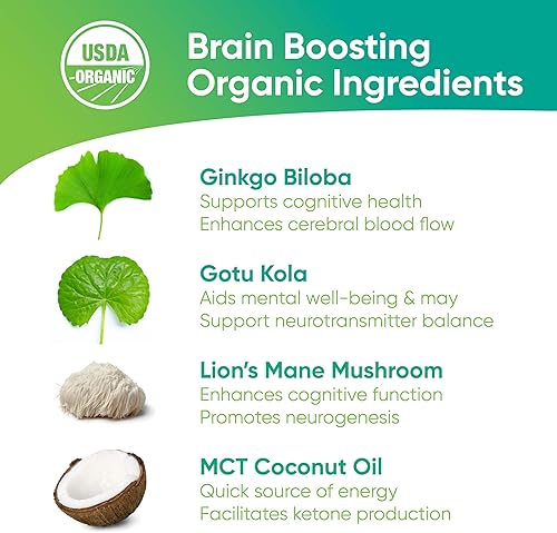 Miniatura 3 de Brain Tea Focus & Memory Suplemento herbario nootrópico 4 en 1 certificado orgánico con ginkgo biloba, gotu kola, hongo melena de león, sin cafeína
