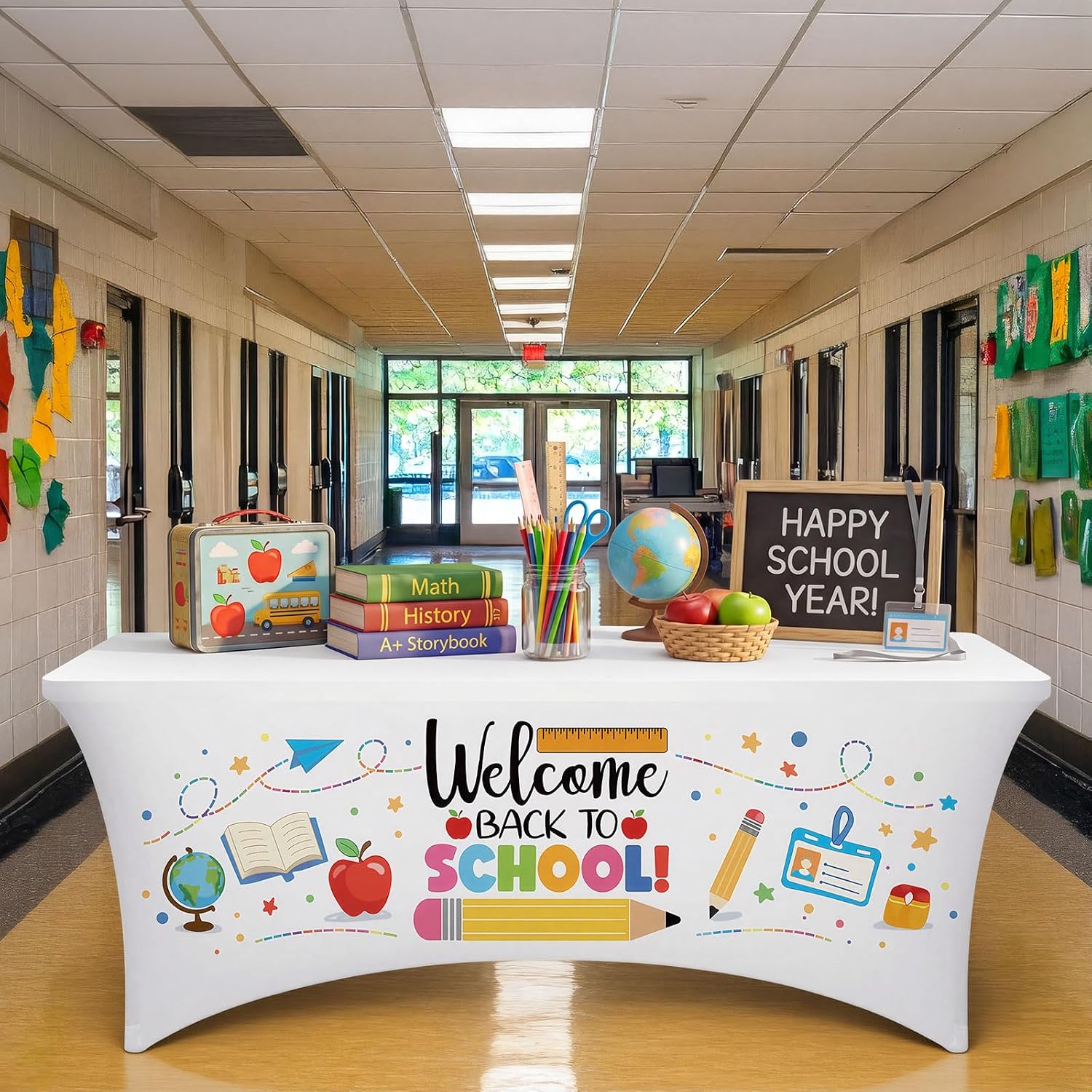 Tegeme 6 ft Back to Class School Spandex Tablecloth Stretch Table Cover | First Day of School Spandex Table Cloth, Back to School Table Decoration, Fitted Tablecloth Rectangle, for Welcome Back Party