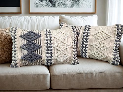 Juego de 2 fundas de almohada decorativas de 18 x 18 pulgadas, de lana y algodón, estilo bohemio, para sala de estar, decoración de lujo (lana de