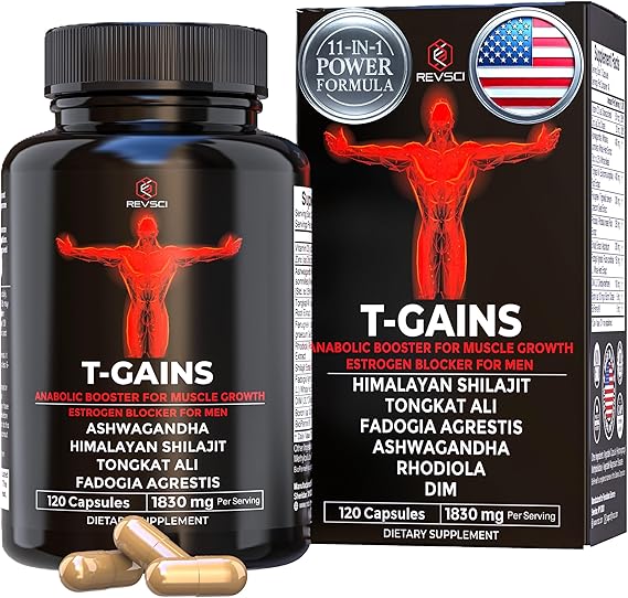 Anabolic Booster & Muscle Builder, T-GAINS Testosterone Supplement for Men, TRT Test Booster & Estrogen Blocker, HGH Supplements for Men - Tongkat Ali Fadogia Agrestis for Muscle Growth, 120 C...