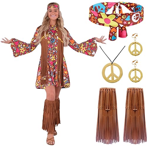 Spooktacular Creations Hippie Costume Women, Halloween 70s Outfits for Women, Adult Hippie Dresses for Halloween Party