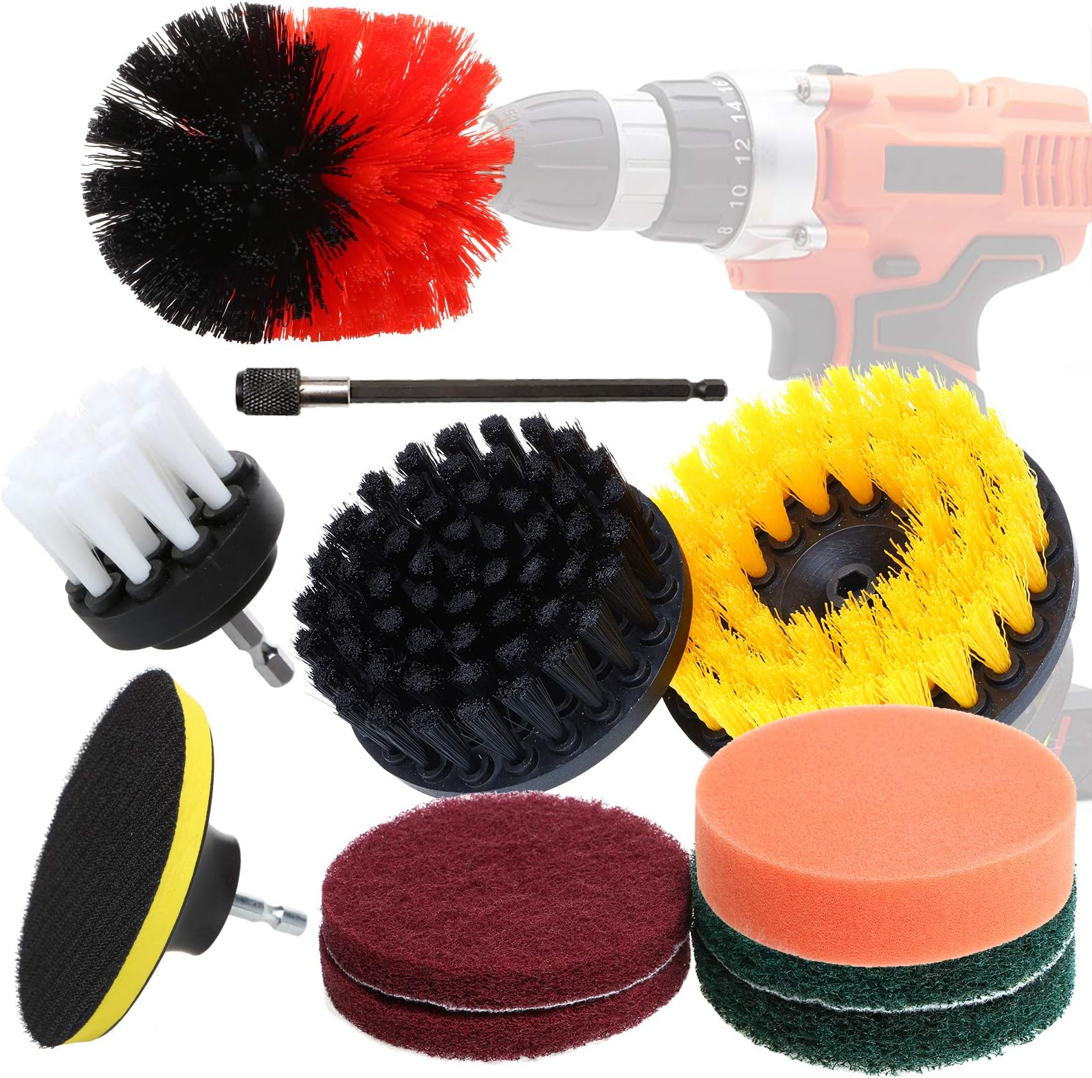 HOTOOLME Drill Brushes for Cleaning Drill Brush Attachment Set 11 pieces with Power Scrubber Nylon Brush,Pads connector,Sponge,Scrub Pads,Brush Extender