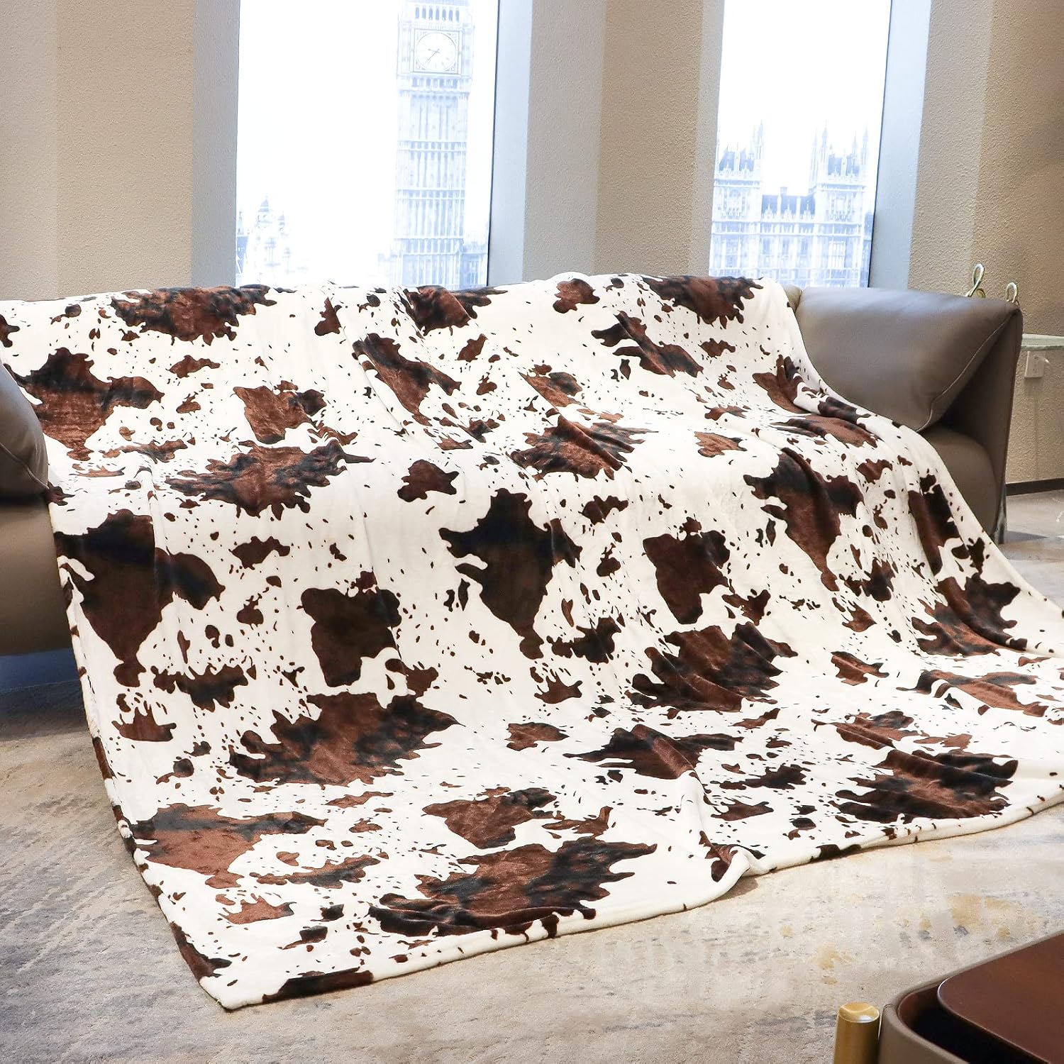 Flannel Fleece Cow Print Blanket Queen Size, Soft Cozy
