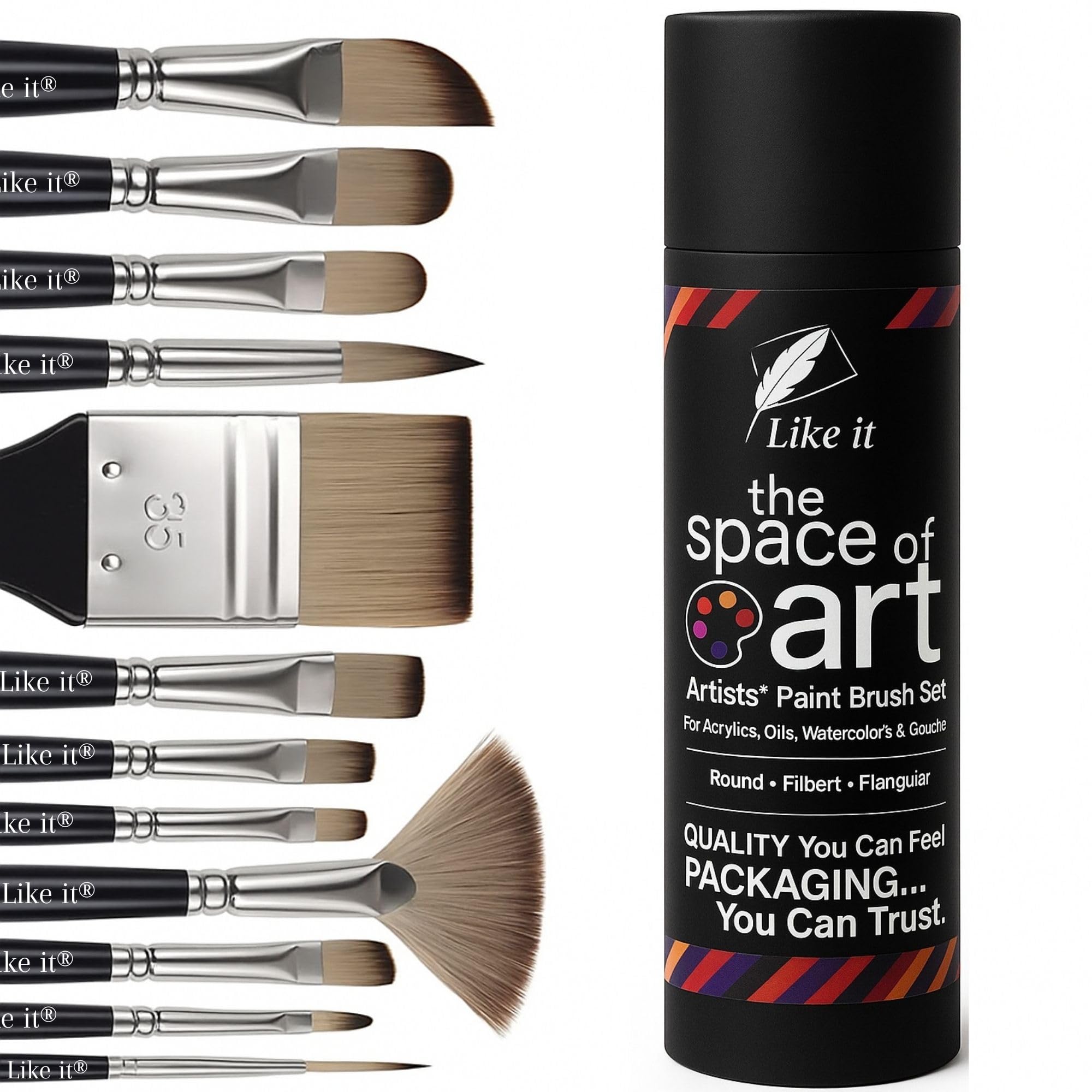 Like it Handmade Professional Artist Painting Brush Set for Acrylic, Watercolor, & Gouache Painting with Brush Holder (11 Assorted Brushes)(Wood), Synthetic Bristle with Brush Holder