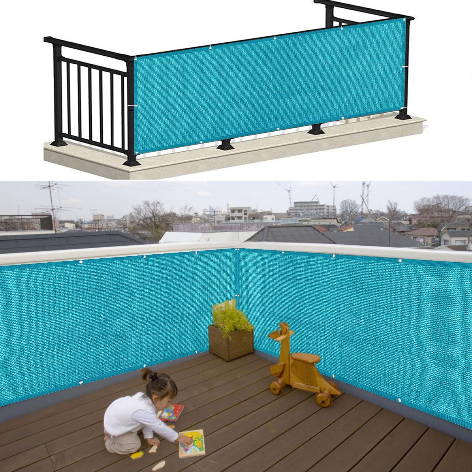 Balcony Privacy Screen Cover 110 x 750 cm 90% Shading Rate Uv-Resistant Garden Privacy Screen Shade Net with Cable Ties, Tear-Resistant for Outdoor, Garden, Backyard, Rails, Sky Blue