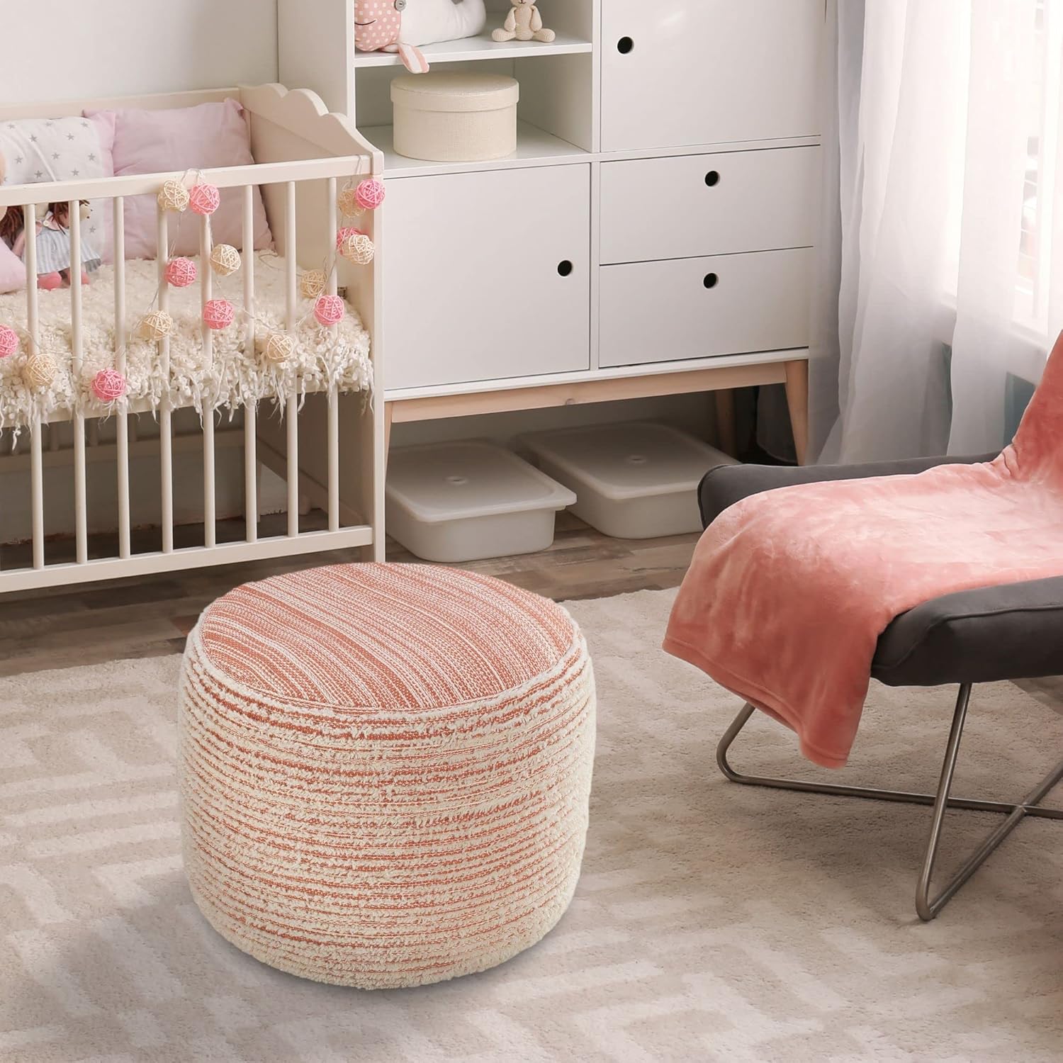 CC Home Furnishings 18" Peach and White Distressed Round Pouf Ottoman