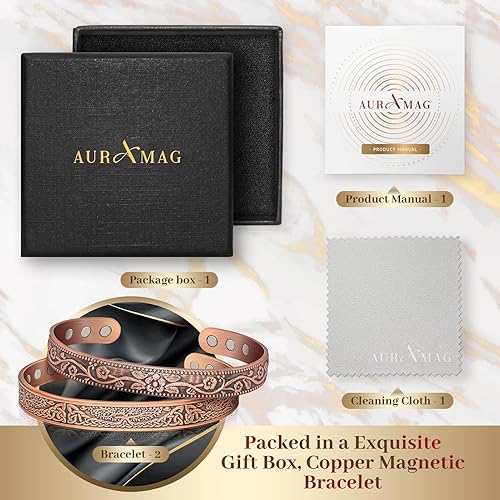 Vista 7 de Brazalete de cobre para mujer, pulsera magnética con 3500 imanes Gauss, joyería de cobre 100% puro con caja de regalo (juego de 2) Árbol de cobre