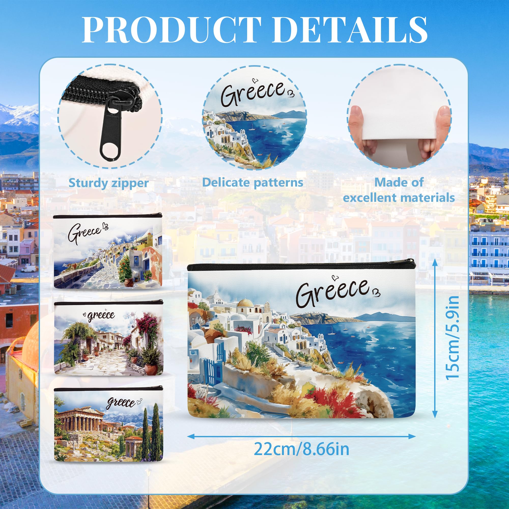 4 Pcs Greece Makeup Bags Gifts for Women, Greece Souvenirs City Themed Gifts Cosmetic Bag, Travel Gifts for Girls Besties Best Friend Bff Sister Daughter