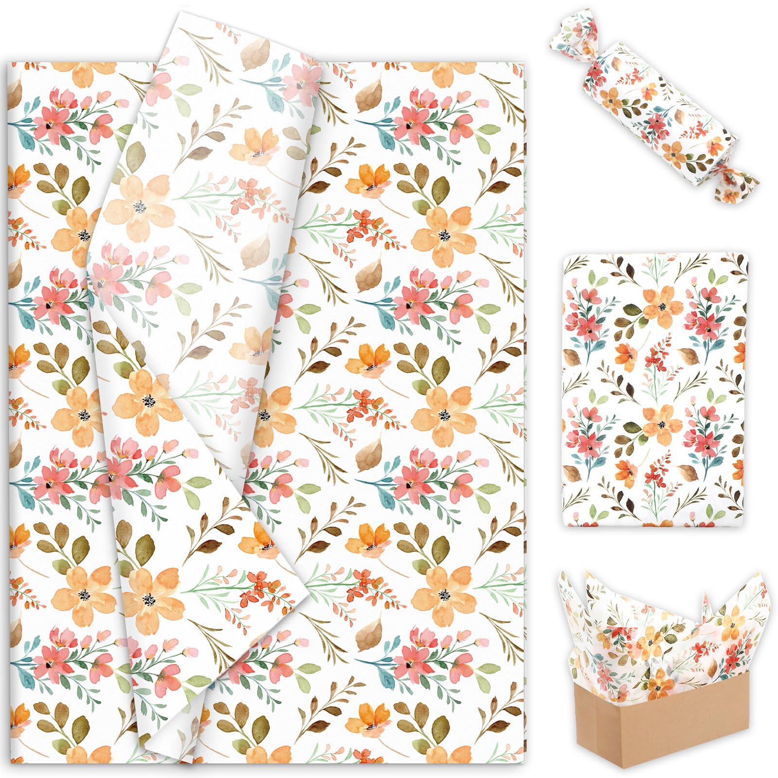 JarThenaAMCS 60 Sheets Fall Wildflower Tissue Paper Watercolor Yellow Pink Floral Wrapping Paper for Gift Bag Packaging Spring Summer Birthday Baby Shower Party DIY Crafts Supplies, 14 x 20 Inch