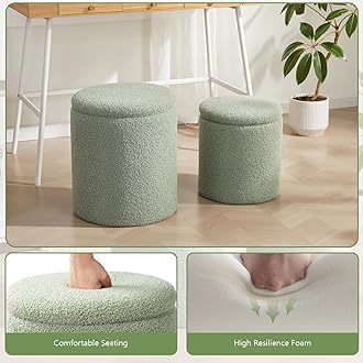 Royal Windsor Boucle Round Ottoman with Storage Set of 2,Small Foot Stool Ottoman for Living Room,Small Coffee Table, Vanity Stool with Storage for Bedroom, Green
