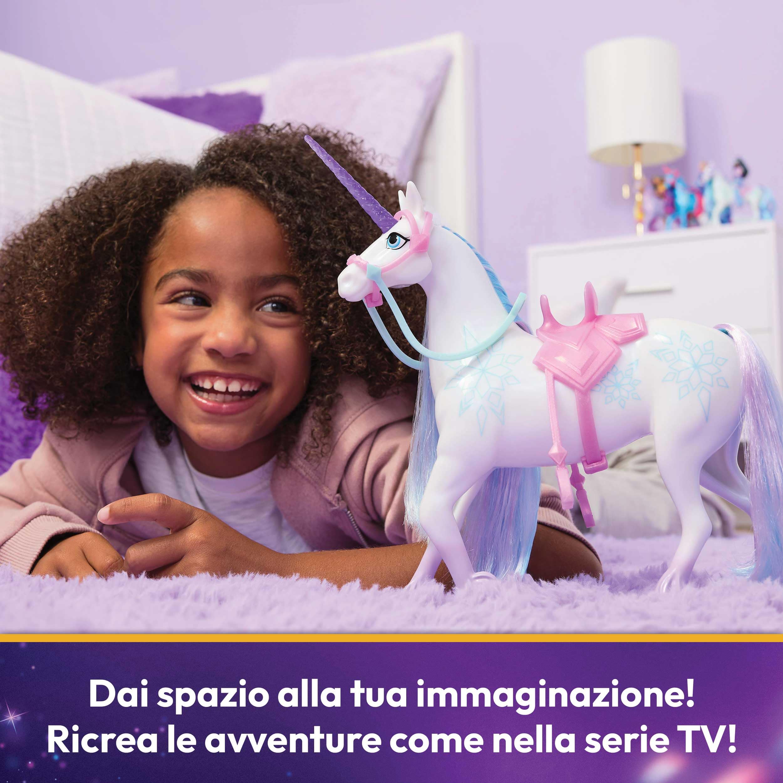 Unicorn Academy Glacier - Original Unicorn by Layla on the Netflix Series - with Real Mane and Tail - Removable Strap and Saddle - Brush - For Kids