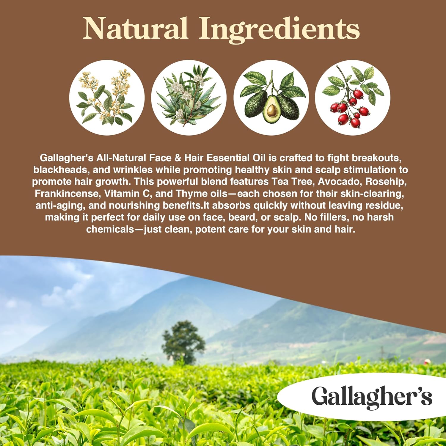 Gallagher's Face & Hair Essential Oil, 2 fl oz, Natural Treatment for Skin and Hair Growth