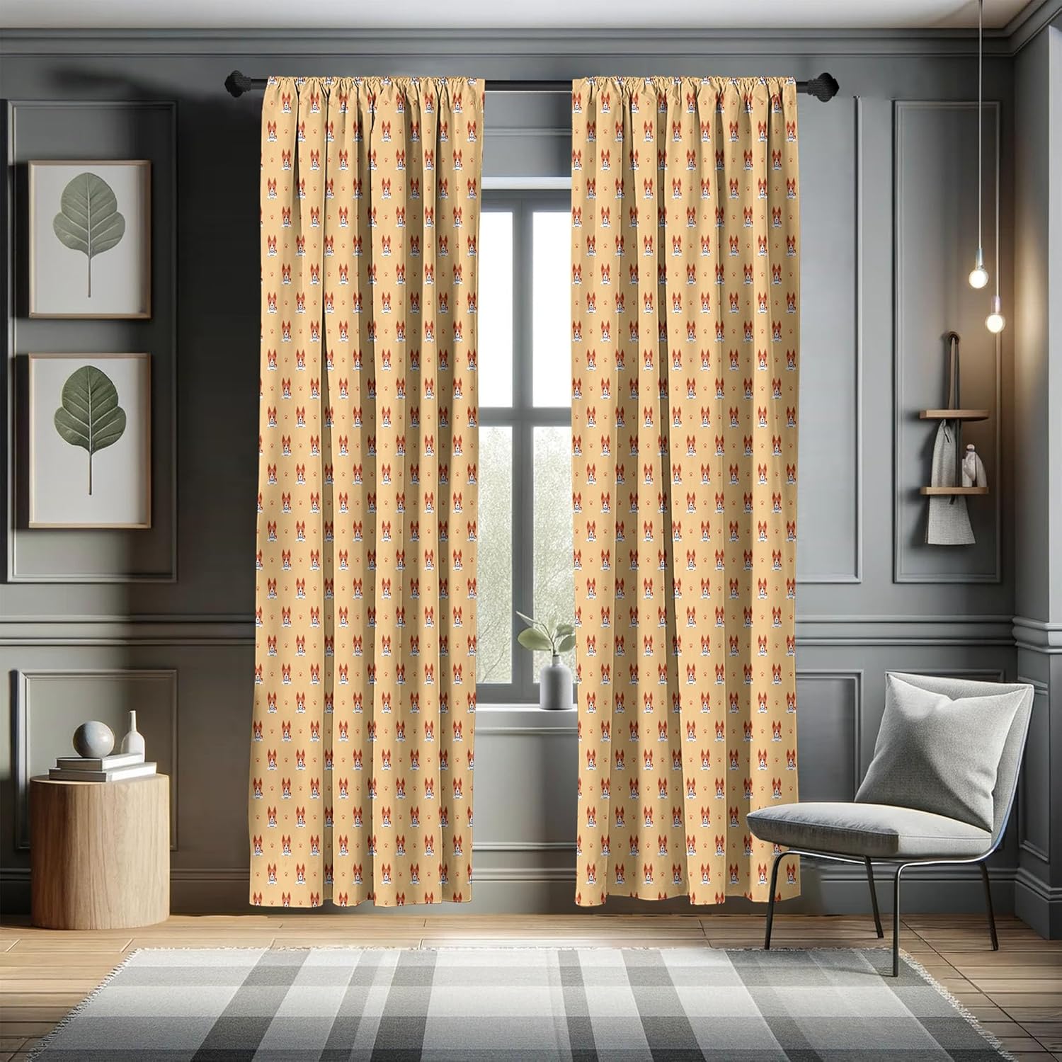 Ambesonne Puppy Curtains, Minimal Cartoon Pattern of Basenji Dogs and Paw Prints, Window Treatments 2 Panel Set for Living Room Bedroom, Pair of - 28" x 95", Brown Vermilion