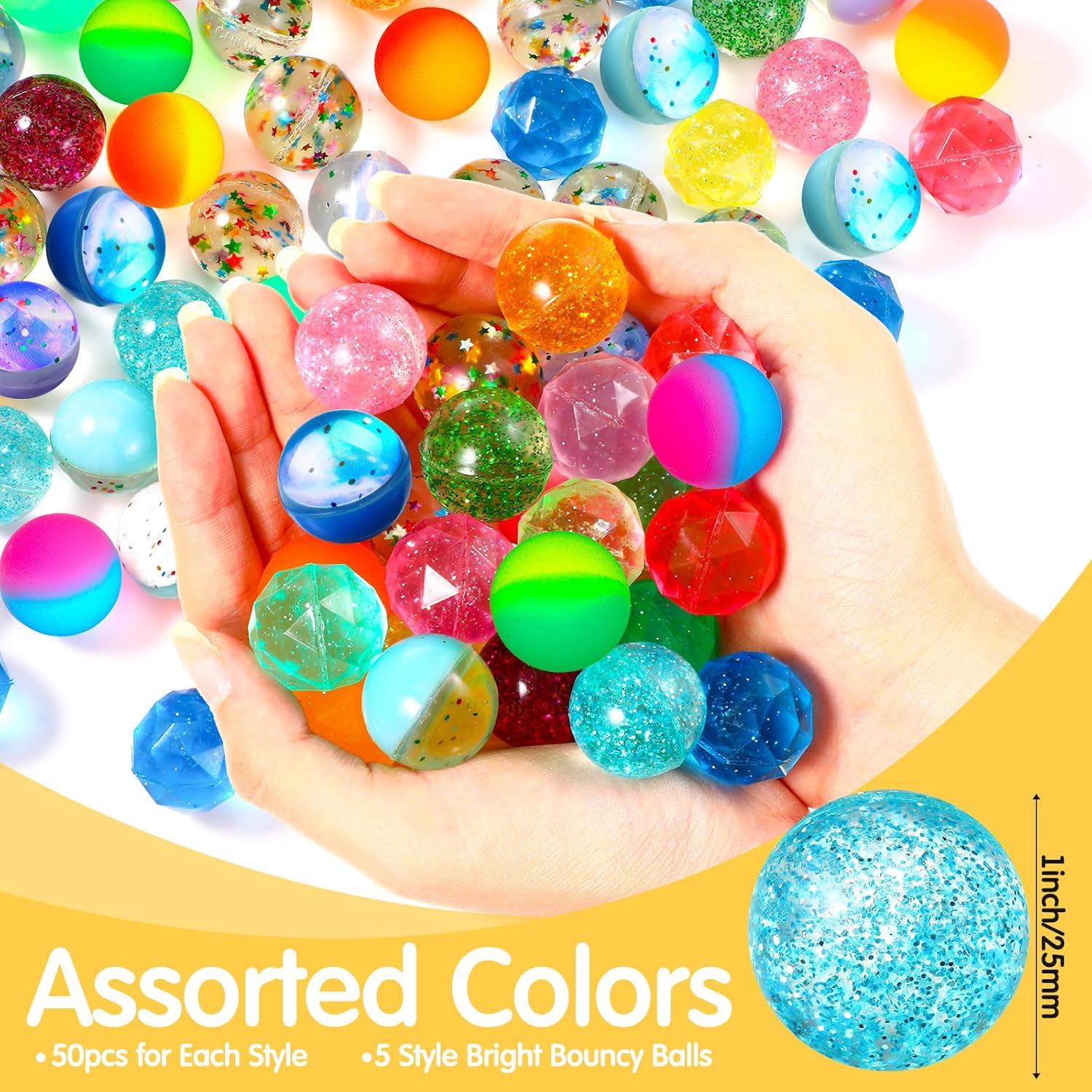 250 Pieces Glitter Bouncy Balls Bulk 5 Styles for Kids 25mm Assorted Colorful Small Rubber Bouncing Balls for Game Prizes Kids Party Favors and Vending Machines
