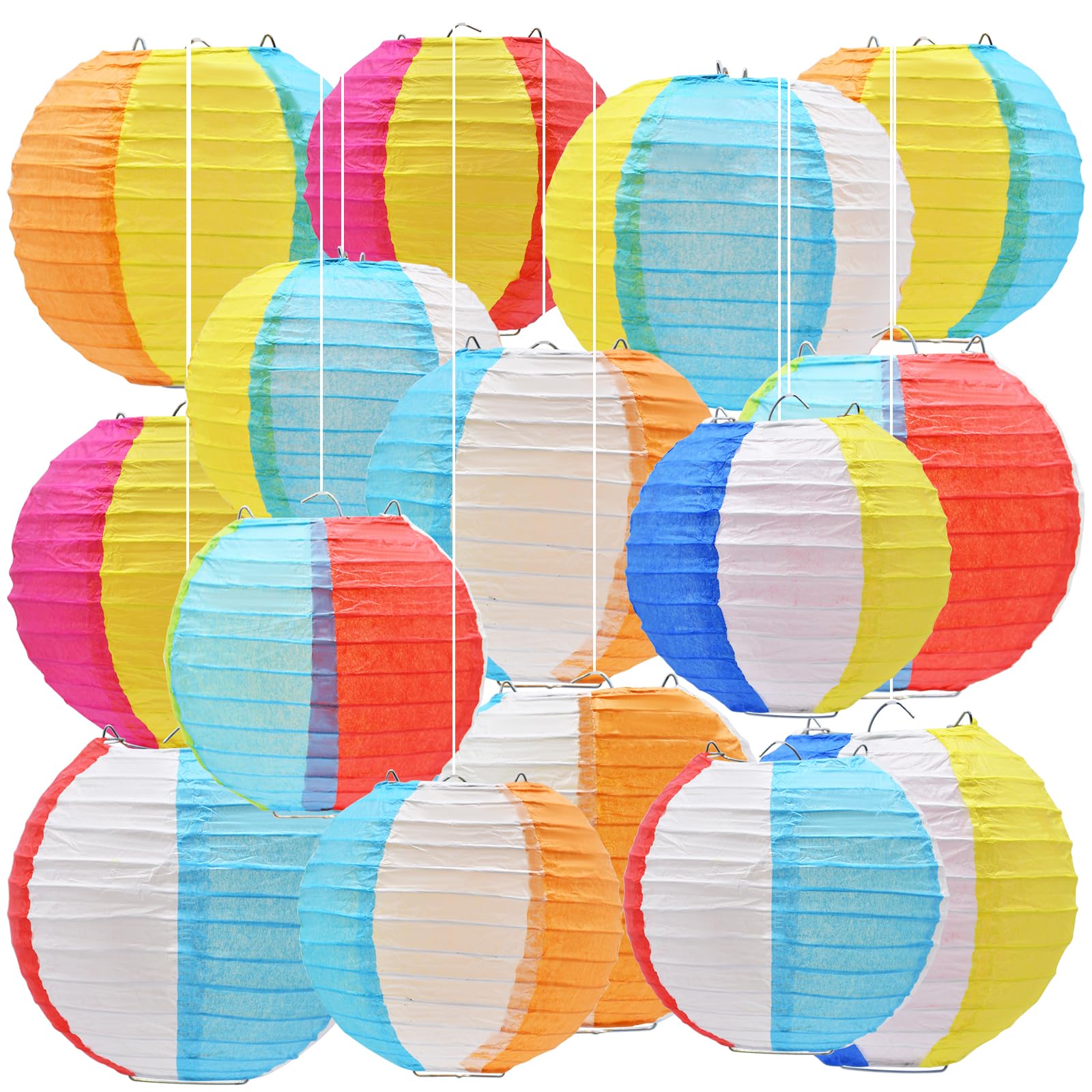 Photo 1 of 15-Pack Beach Ball Paper Lanterns – Colorful Hanging Decorations with Ribbon & Frames for Pool Party, Summer Luau, Outdoor Birthday