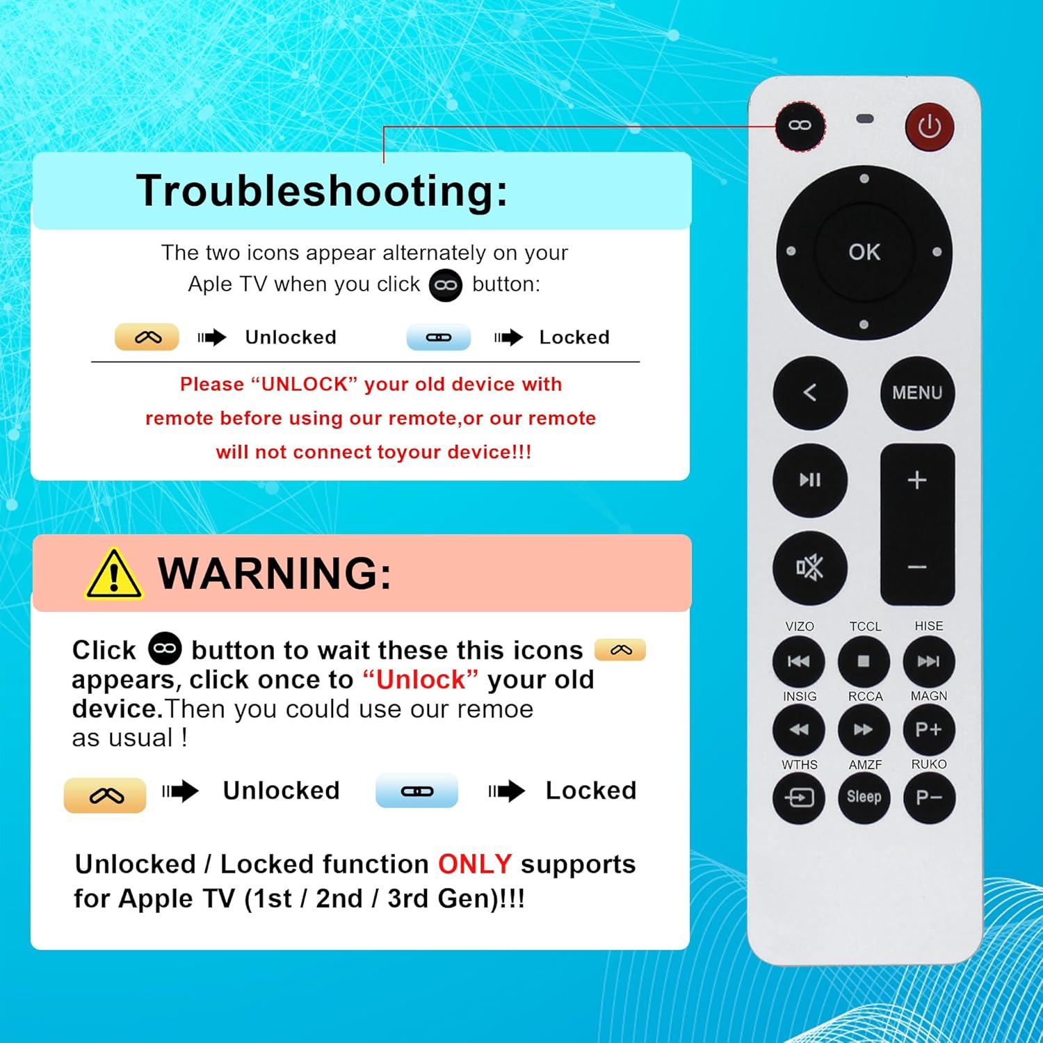 Image illustrating the 'Unlocked' and 'Locked' icons on an Apple TV screen and the warning to unlock the old device.