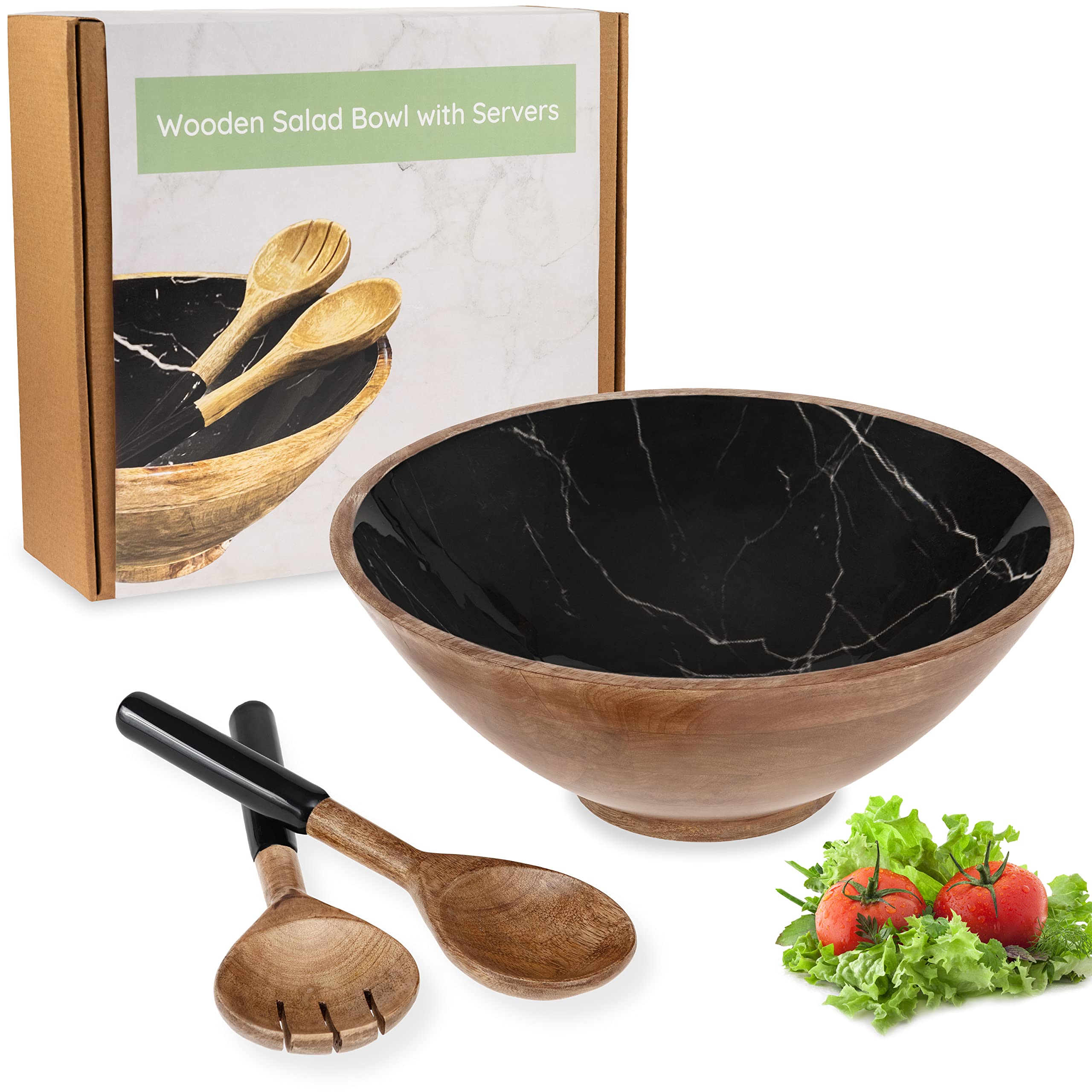 Wooden Black Salad Serving Bowl with Server Tongs Set -12" Mango Wood with Black Marble Enamel & Spoon Utensils for Salad & Fruit - Black Home Decor (Black Marble)