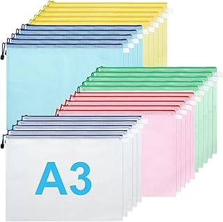 JMIATRY A3 Zip Plastic Wallets, 25 Pcs A3 Zip Lock Bags Mesh Document Wallet, A3 Folder Plastic Zipper Bags for School Office Homework Travel Storage Bags, 5 Colors