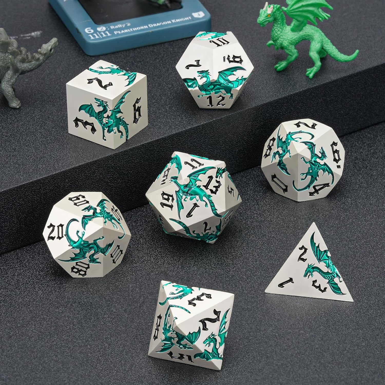 Sharp Edge Metallic DND Dragon Dice Set,Metal Polyhedral Dice with Dragon for Dungeons and Dragons RPG TTRPG D&D 7-Die Set with Gift Case Pearl Silver Transparent Green