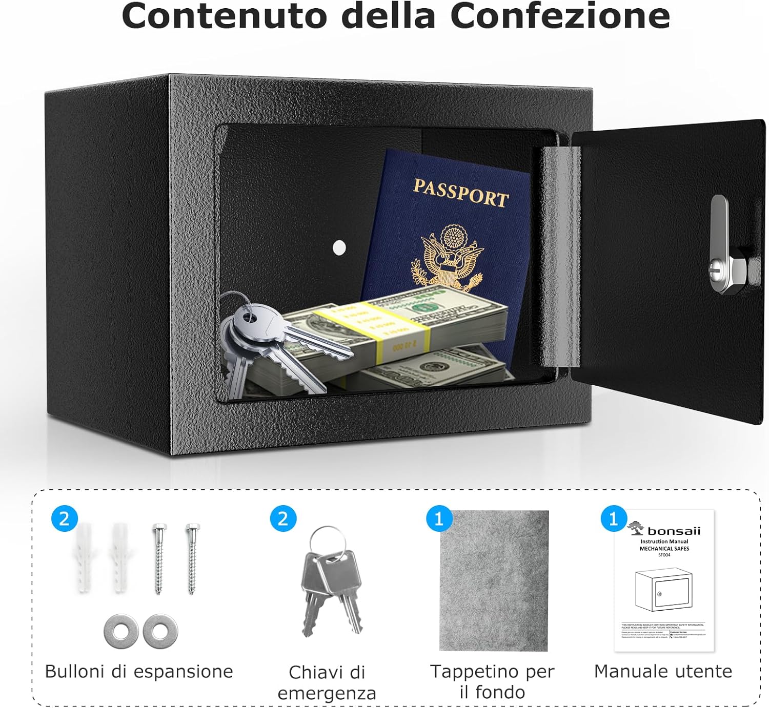 Bonsaii SF004 safe package contents including safe, keys, bolts, mat, and manual.