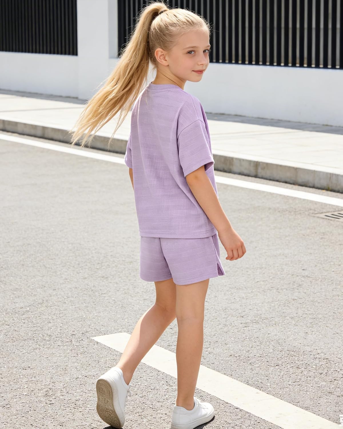 WESIDOM Girls Clothes 2 Piece Outfits 6-14Y Solid Textured Round Neck 3 Button Top+Shorts with Pockets