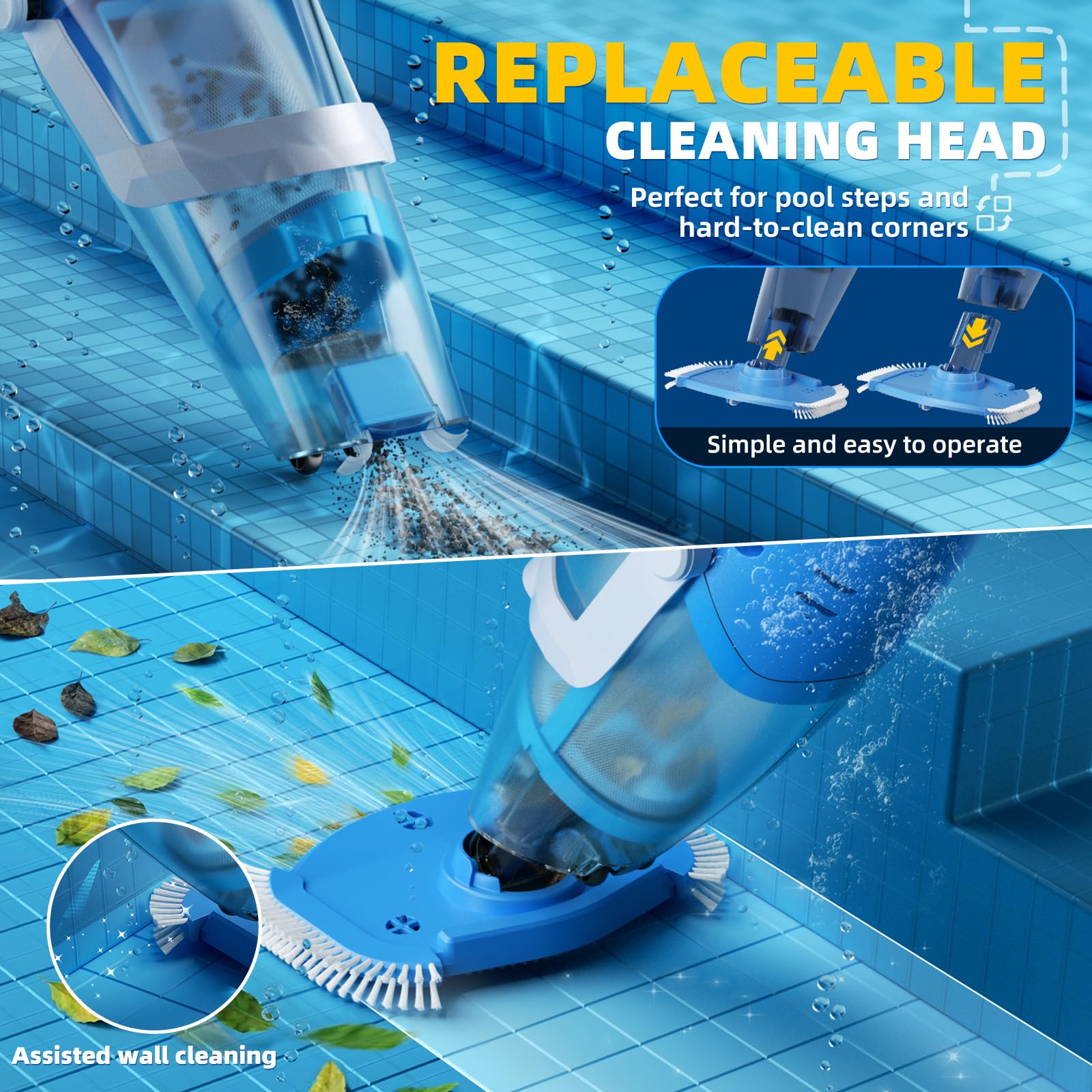 Aspirapolvere per piscina senza fili, potente aspirazione 1950 GPH, pulitore portatile per piscina con asta telescopica, durata 60 minuti, grande capacità 2 l, ricaricabile per piscine fuori terra e