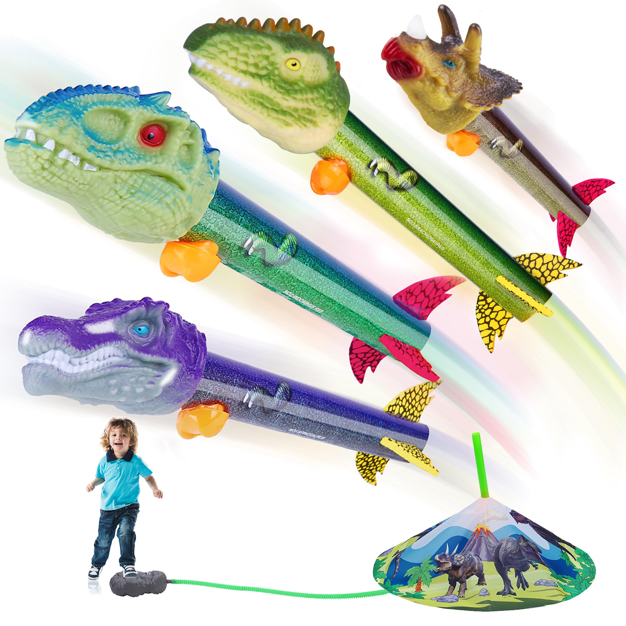 Dinosaur Toy Rocket Launcher for Kids, 4 Dinosaur Foam Rockets, Flight Altitude up to 100 feet, Outside Toys for Kids Ages 3-12 Trample Rocket, Boys and Girls' Birthday Gifts