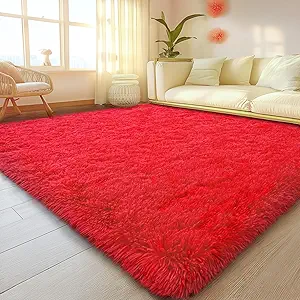 Red Rugs for Living Room, 5x7 Large Fluffy Area Rugs for Bedroom, Soft Carpet Shag Kids Rug with 4 Non-Slip Rug Pads (Red, 5ft x 7ft)