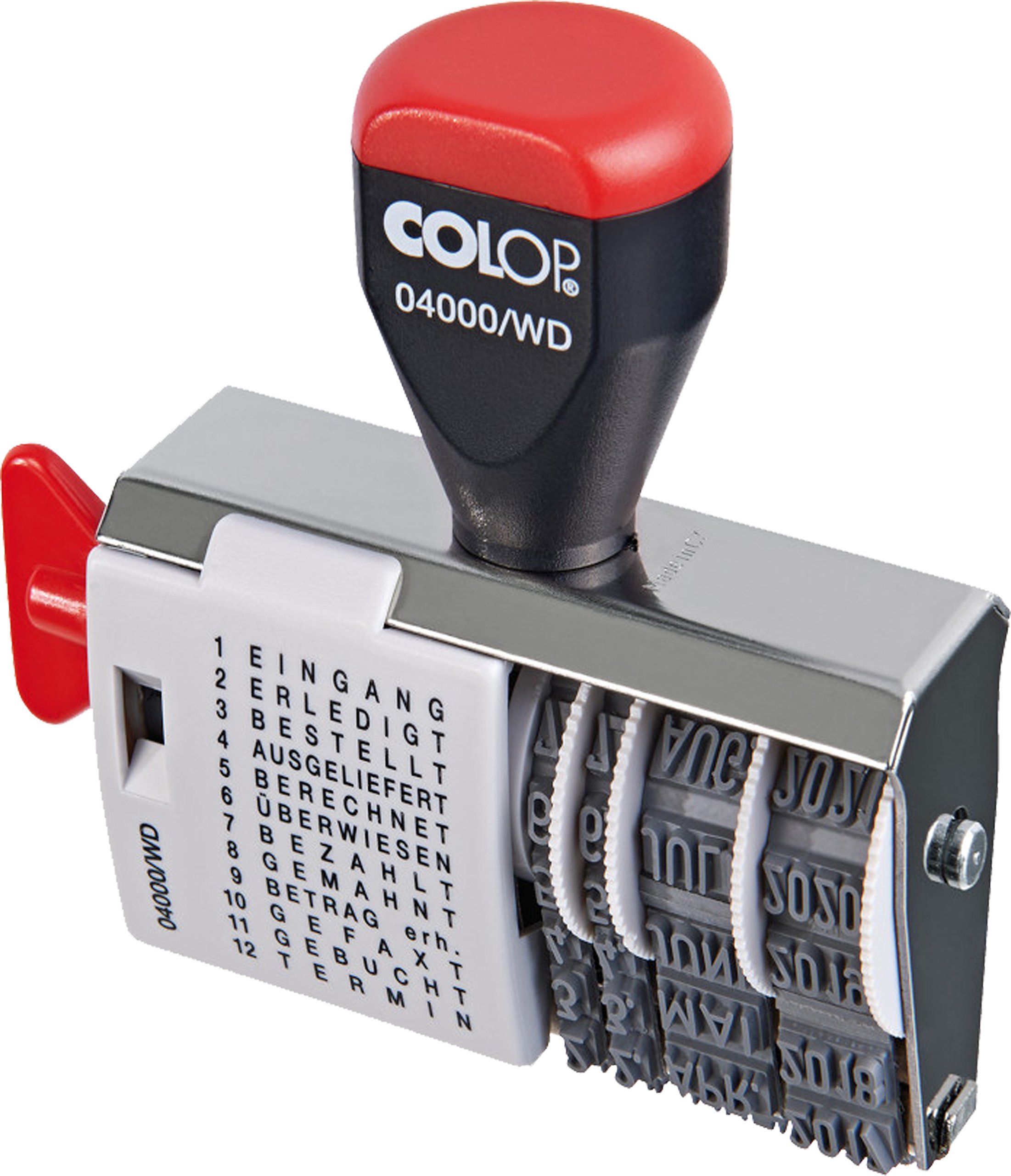 COLOP 04000 WD Wortband-Datumstempel, Datum deutsch, Wortband beinhaltet Wörter wie Eingang, Erledigt, Bezahlt, Gebucht, etc.