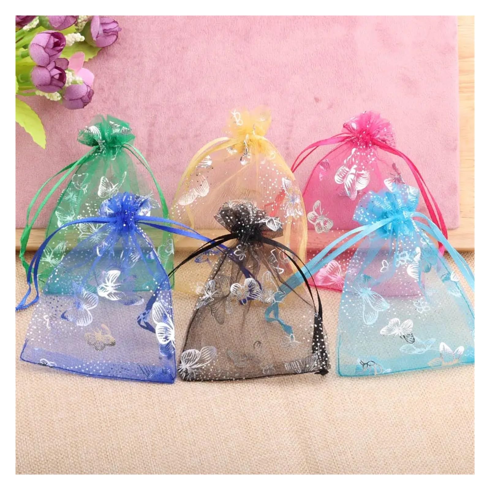 Pochon Tissu Lot de 50 sachets Cadeaux en Organza avec Motif Papillon et Cordon de Serrage(10fuchsia,13x18cm)