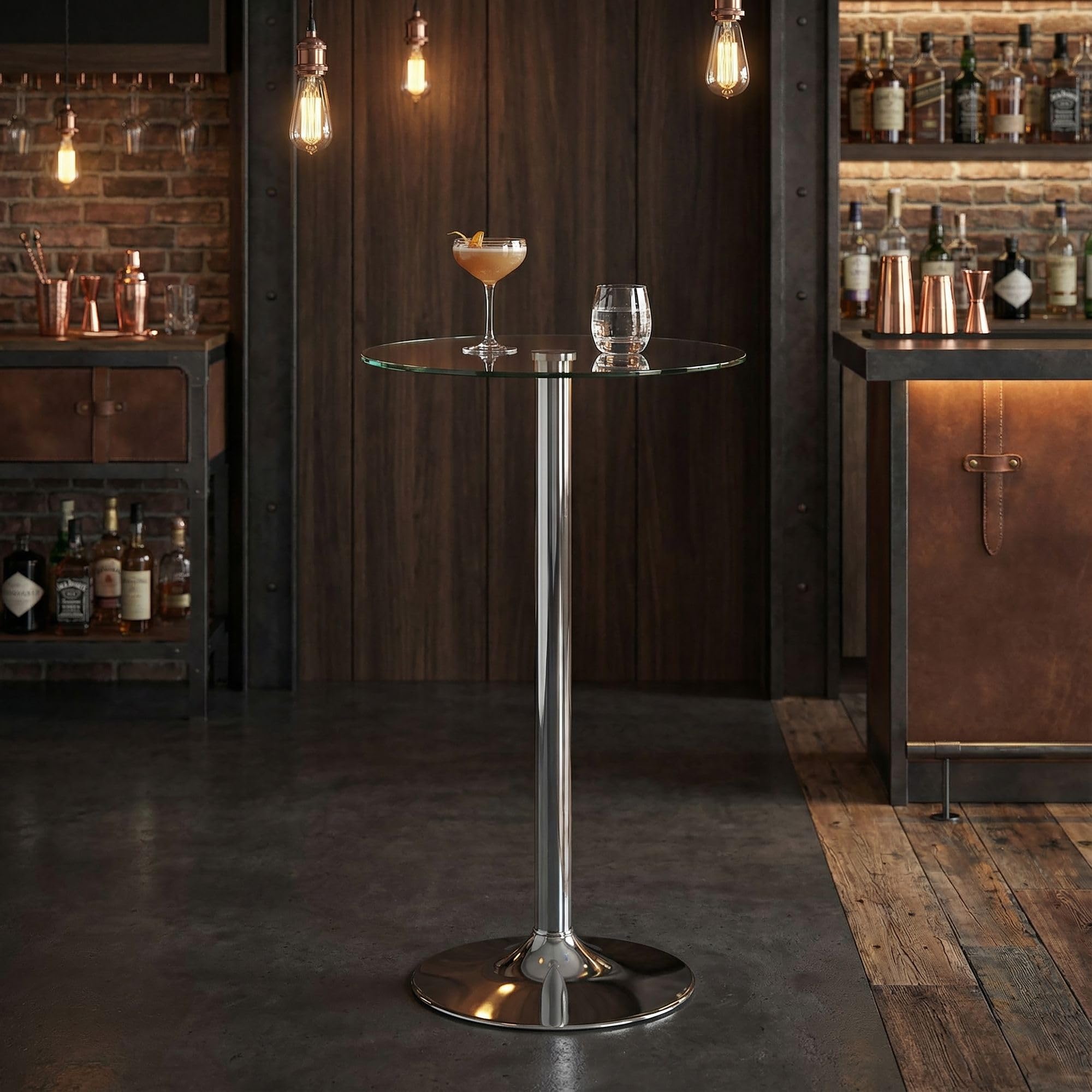 FineBuy Mesa Alta 60x60x105 cm Redonda Mesa de Bar Cristal de Seguridad Mesa bistró Plata, Mesa Moderna para Bar, Mesa de Fiesta de diseño Metal, Mesa Alta de Feria Cromo