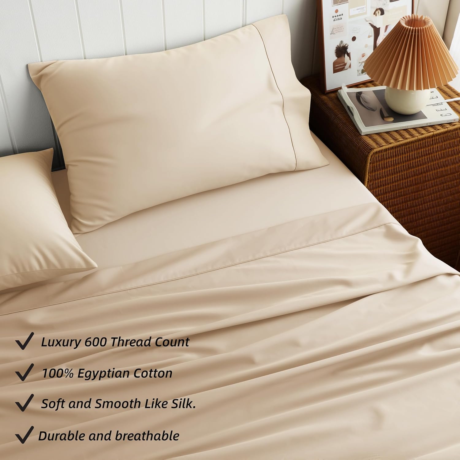 Cotton Flat Sheets Only, 600 TC 100% Cotton Flat Sheet Top Sheet Only, Queen Flat Sheet Only 1Pcs, Cool, Breathable, Wrinkle (Beige Queen 1pcs)