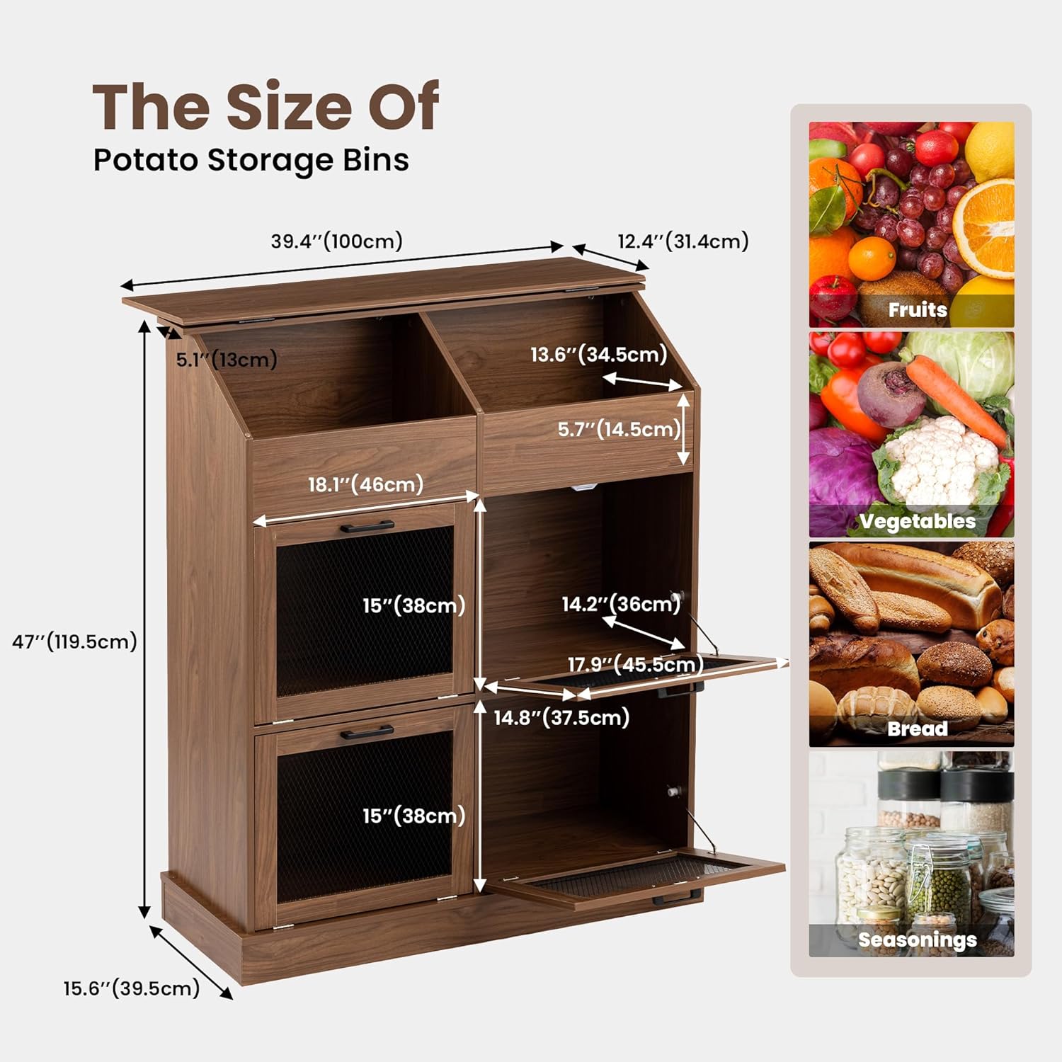 SUNBURY 47" Tall Farmhouse Kitchen Pantry Cabinet, Freestanding Wooden Vegetable Storage Hutch with Breathable Mesh Doors, 6-Compartment Floor Cabinet for Potato, Onion, Rustic Brown