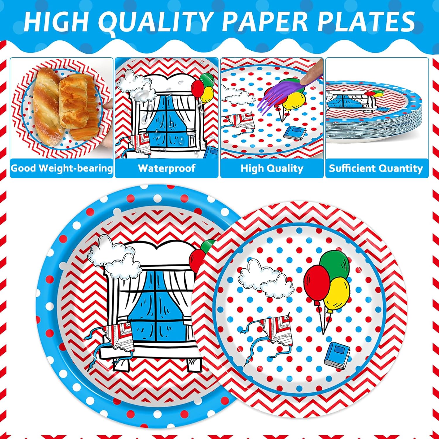 96Pcs Cat with Hat Birthday Party Supplies Cartoon Dr. Cat Birthday Paper Plates and Napkins Red and Blue Stripes Disposable Tableware Dinnerware Set Cats Themed Party Decorations for Kids Baby Shower