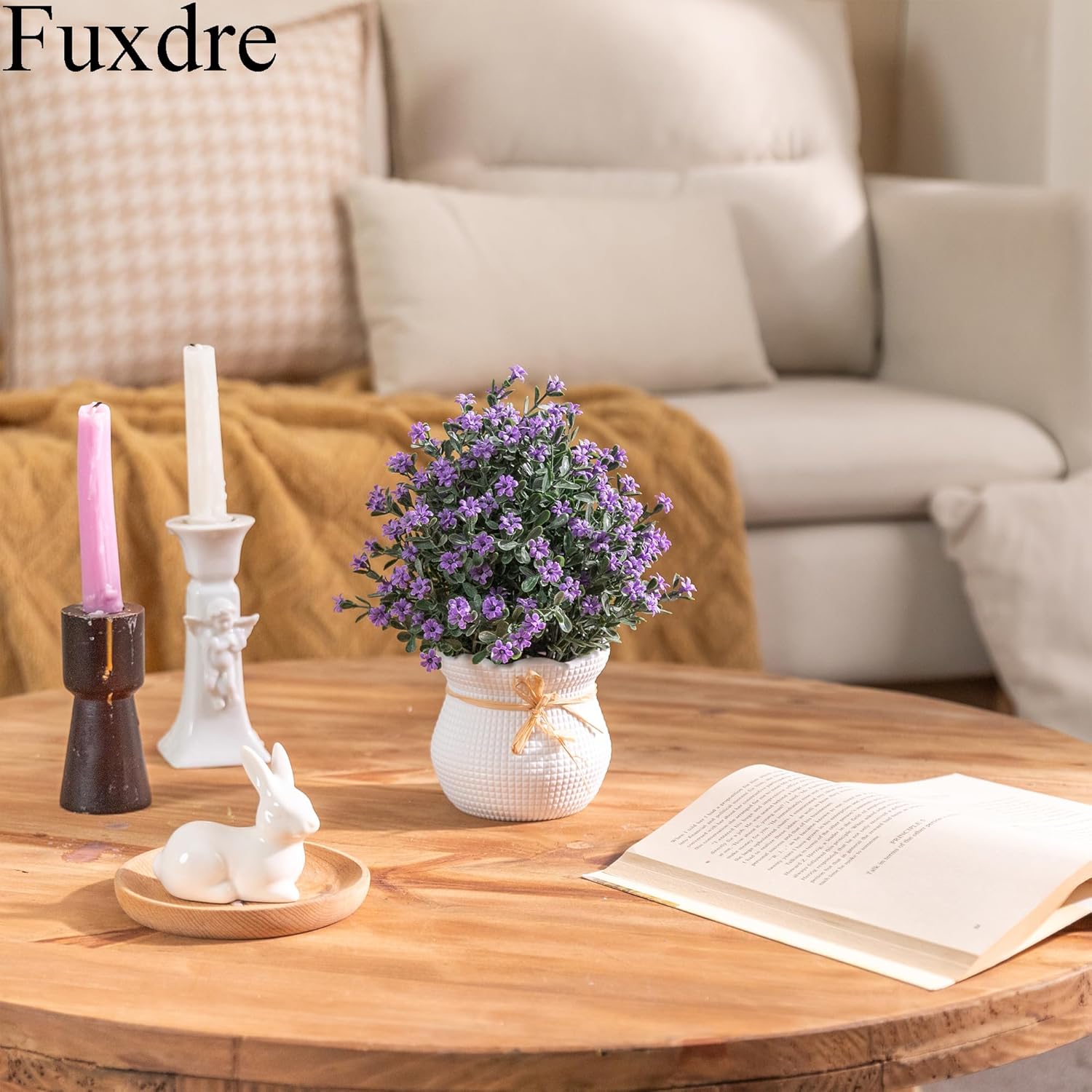 2 Packs Small Fake Plants Mini Artificial Faux Plants with Flowers for Kitchen Office Home Room Farmhouse Bathroom Coffee Table Decor(Purple & White)
