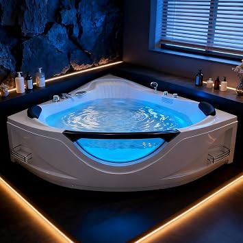 Corner Whirlpool Bathtub for 2-Person, 59" Jetted Tub with 6 Hydro Massage Jets, Chromatherapy Color-Changing LED Light & Pneumatic adjust system, Acrylic, UL Certified