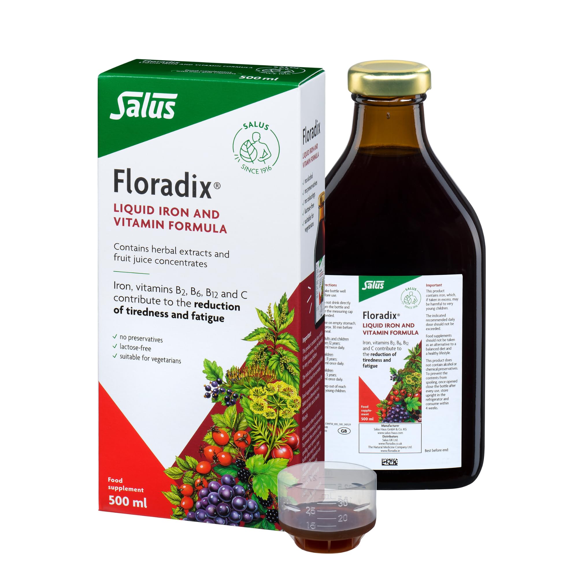 Salus Floradix Liquid Iron 500ml with Vitamin C & B-Complex. Iron contributes to The Reduction of Tiredness. Vegetarian. No preservatives. Suitable for Adults, Children 3+ and in Pregnancy.