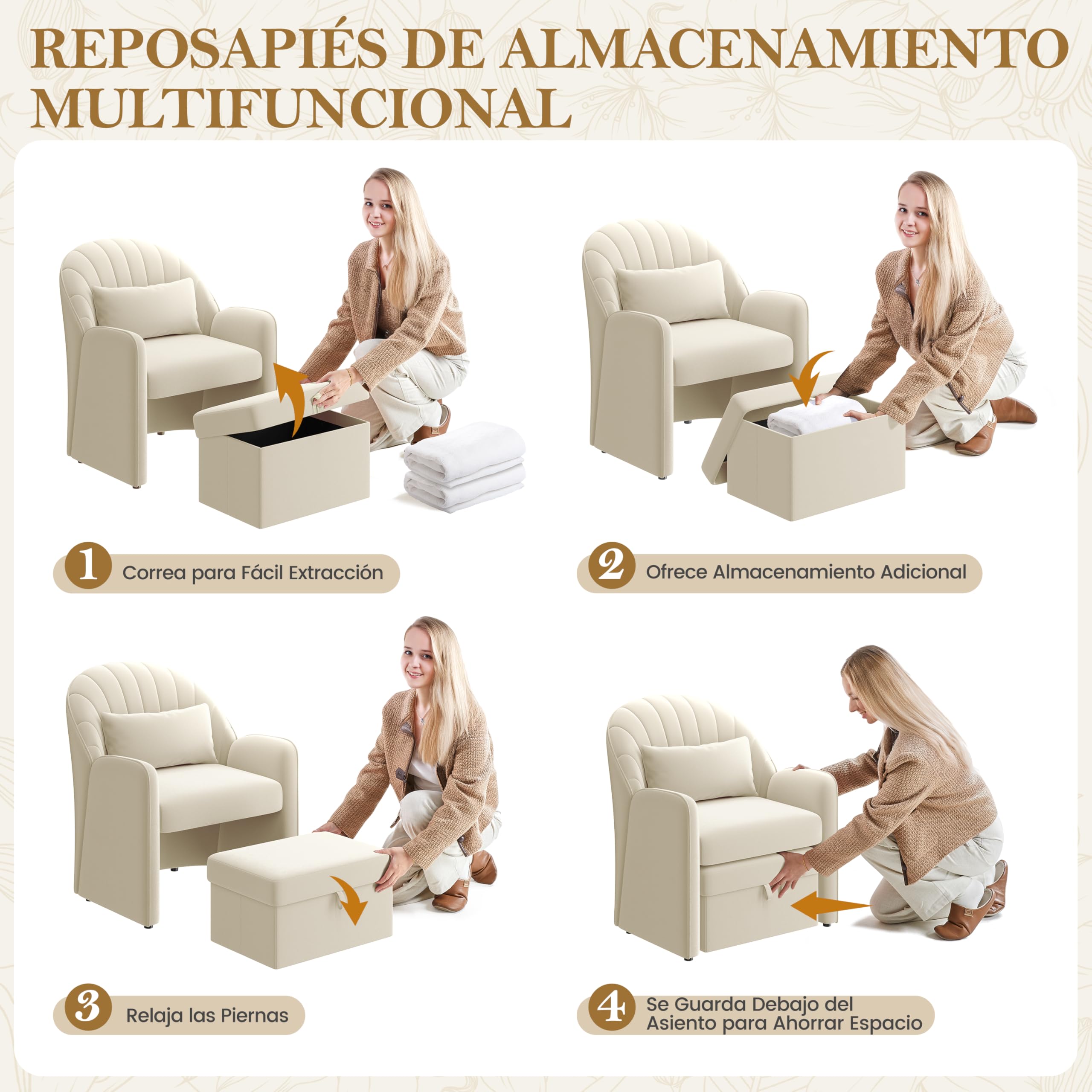 Yaheetech Sillón Relax de Diseño Floral con Reposapiés Almacenamiento Beige | Sillón Lectura para Salón y Sala de Estar, y una Almohada, Carga de 136 kg, Apto para Espacios Reducidos