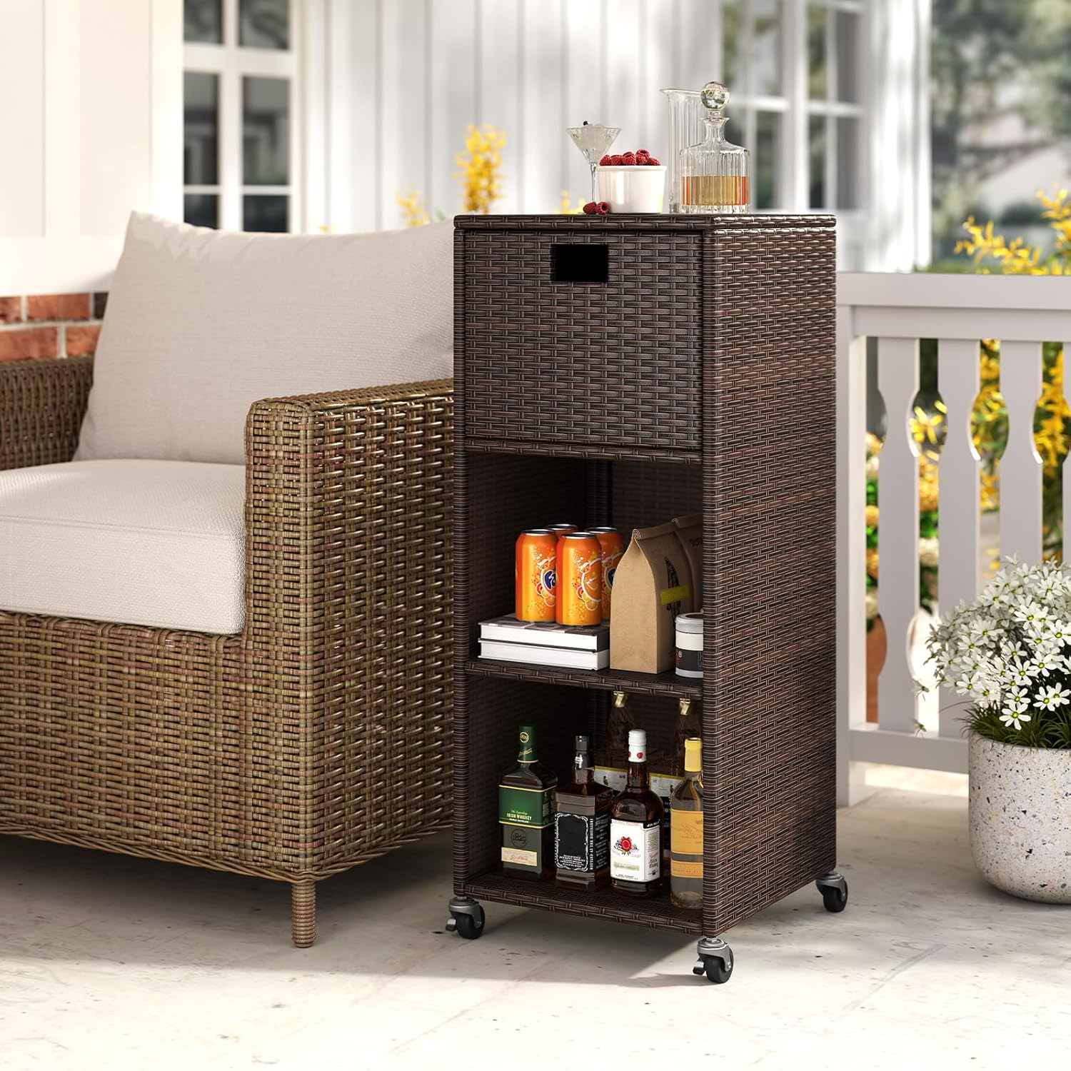 Tangkula Rattan Outdoor Storage Cabinet, Patiojoy Outdoor Wicker Cabinet with 3 Shelves, 1 Removable Drawer, 4 Wheels, Patio Storage Deck Box Cart for Backyard Poolside Porch (Mix Brown)