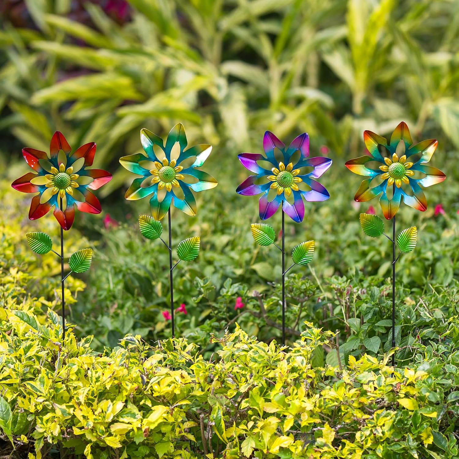 4 Pack Wind Spinners Outdoor, Colorful Small Flower Windmill, Metal Pinwheels Decorative Garden Stakes for Yard Patio Lawn Garden Decor, 27 x 7 Inches