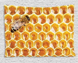 Ambesonne Honeycomb Tapestry, Working Bee on Honeycomb Cells Nature Photography Idyllic Scene Composition, Wide Wall Hanging for Bedroom Living Room Dorm, 80" X 60", Black and Yellow