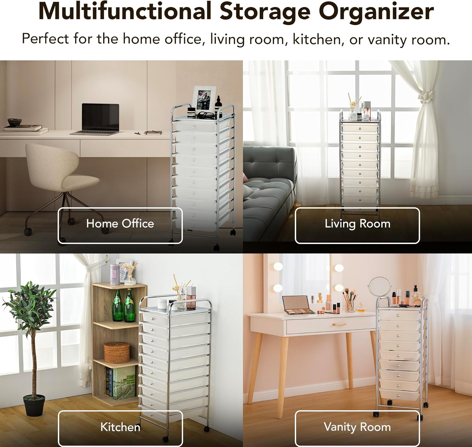 Display By Jack Rolling Storage Cart 10 Drawer Organizer with White Drawers, Slim 36" Chrome Frame, Locking Wheels, and Top Shelf for Office, Classroom, Bathroom, or Craft Storage