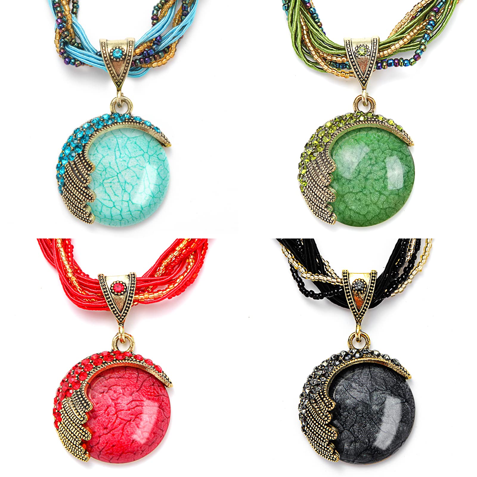 Z-Jeris 4 Pieces Necklace for Women Bohemian Statement Beaded Vintage Jewelry Turquoise Rhinestone Vintage Necklace for Women Pendent Collar Necklace