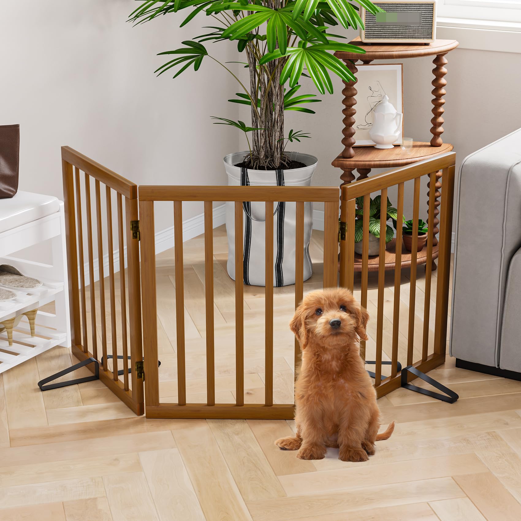 Barrière de Sécurité pour Chien 3 Panneaux sans Perçage 61cm x 140cm avec Supports Métalliques Noyer