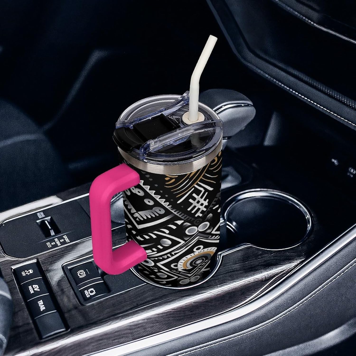 40 Oz Insulated Mug with Handle, Stainless Steel Black White Pattern Printed Travel Mug Portable Leak-proof Large Car Mug for Home, Office Or Car