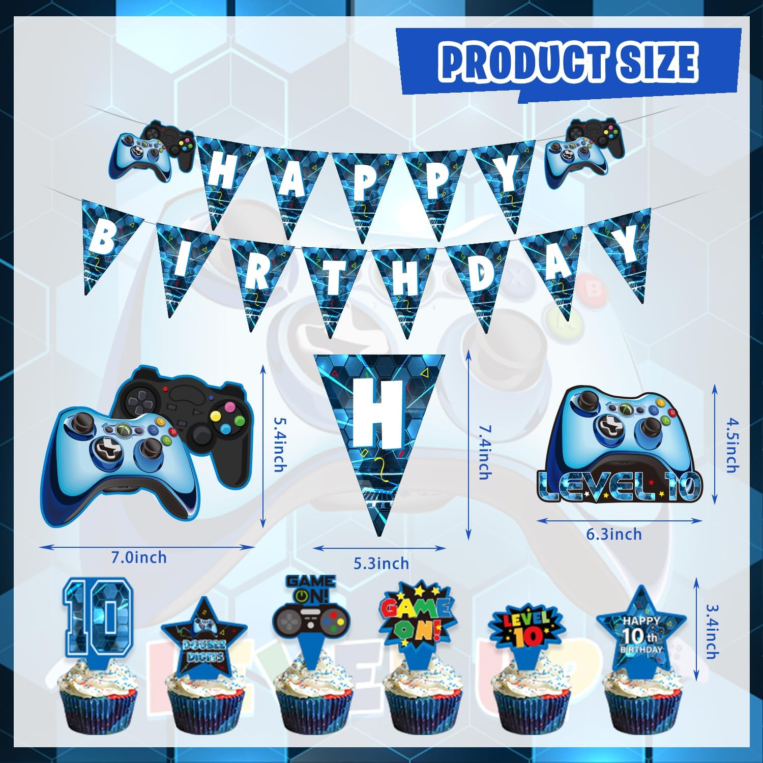 10th Birthday Decorations for Boys, 149Pcs Blue Video Game level 10 Party Supplies for Boy 10th Birthday - Backdrop, Banner, Balloons, Tablecloth, Centerpieces, Hanging Swirls, Wall Signs - Image 3