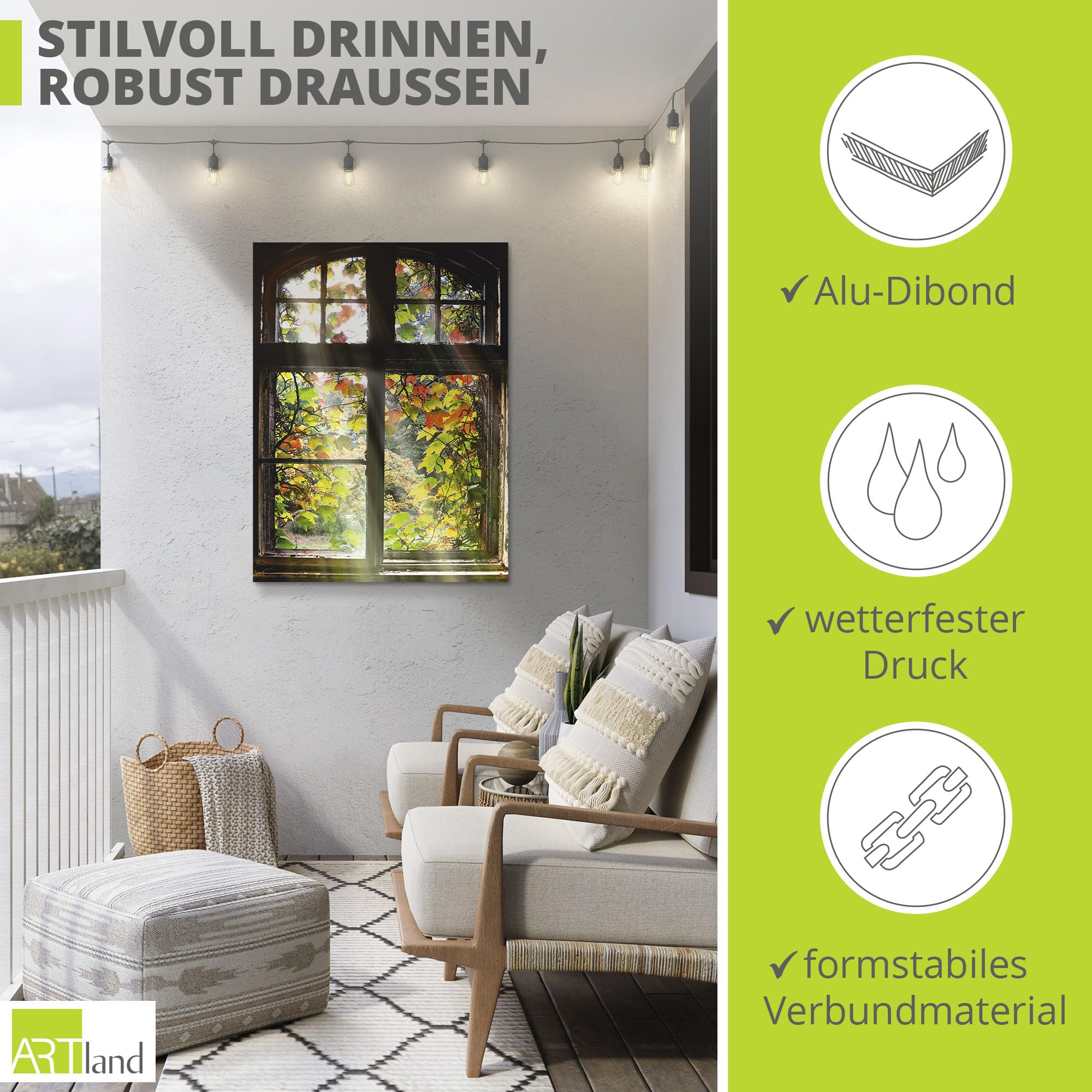 ARTland Wanddeko Wandbild Alu Verbundplatte für Innen & Outdoor Bild 60x80 cm Fensterblick Fenster Herbst Natur Landschaft Altbau Sonne Baum T5XH