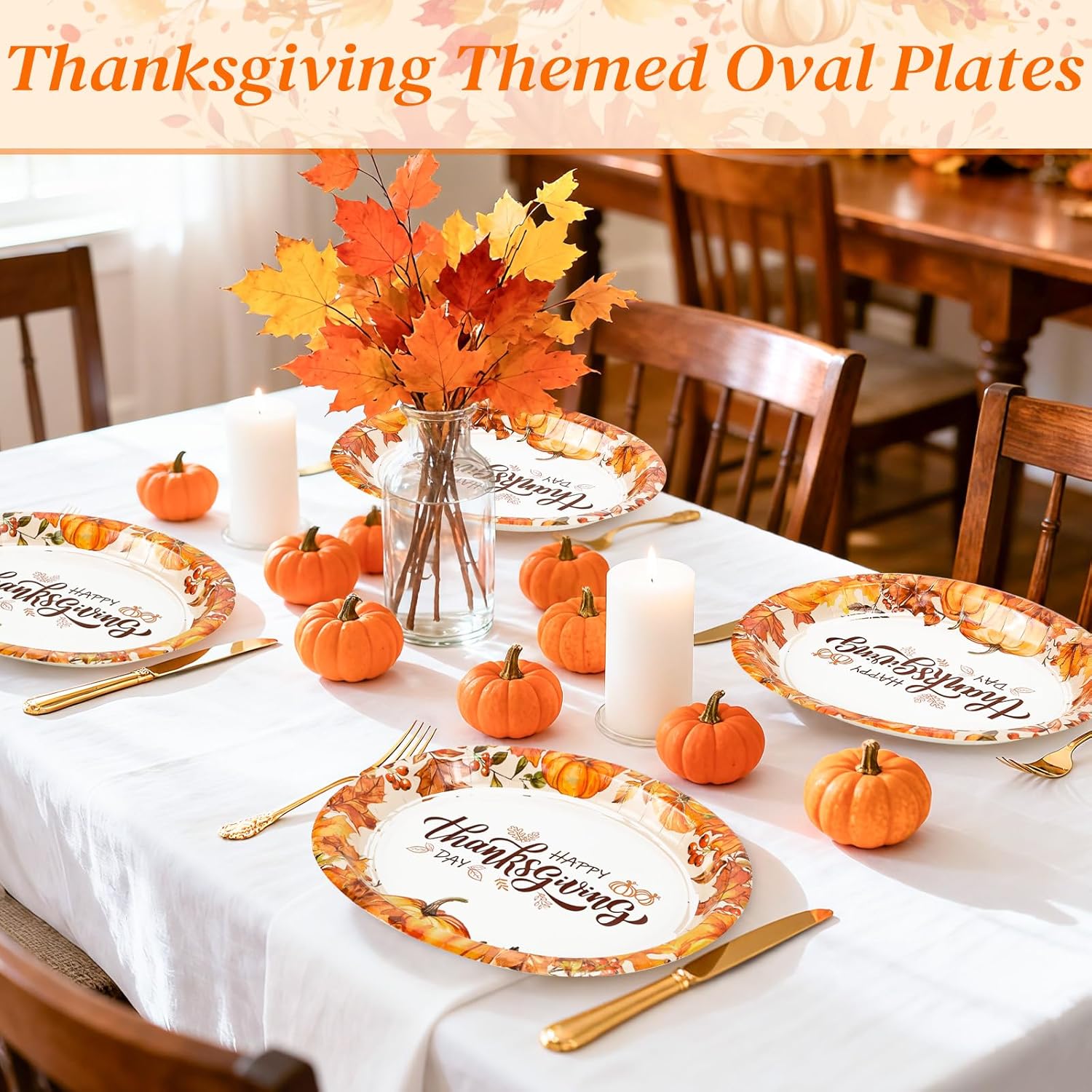 50 Pcs Oval Thanksgiving Paper Plates, 12 x 10 Inch Large Disposable Thanksgiving Heavy Duty Plates for Dinner Platters,Turkey, Pumpkin, Autumn Fall Harvest Party Decor