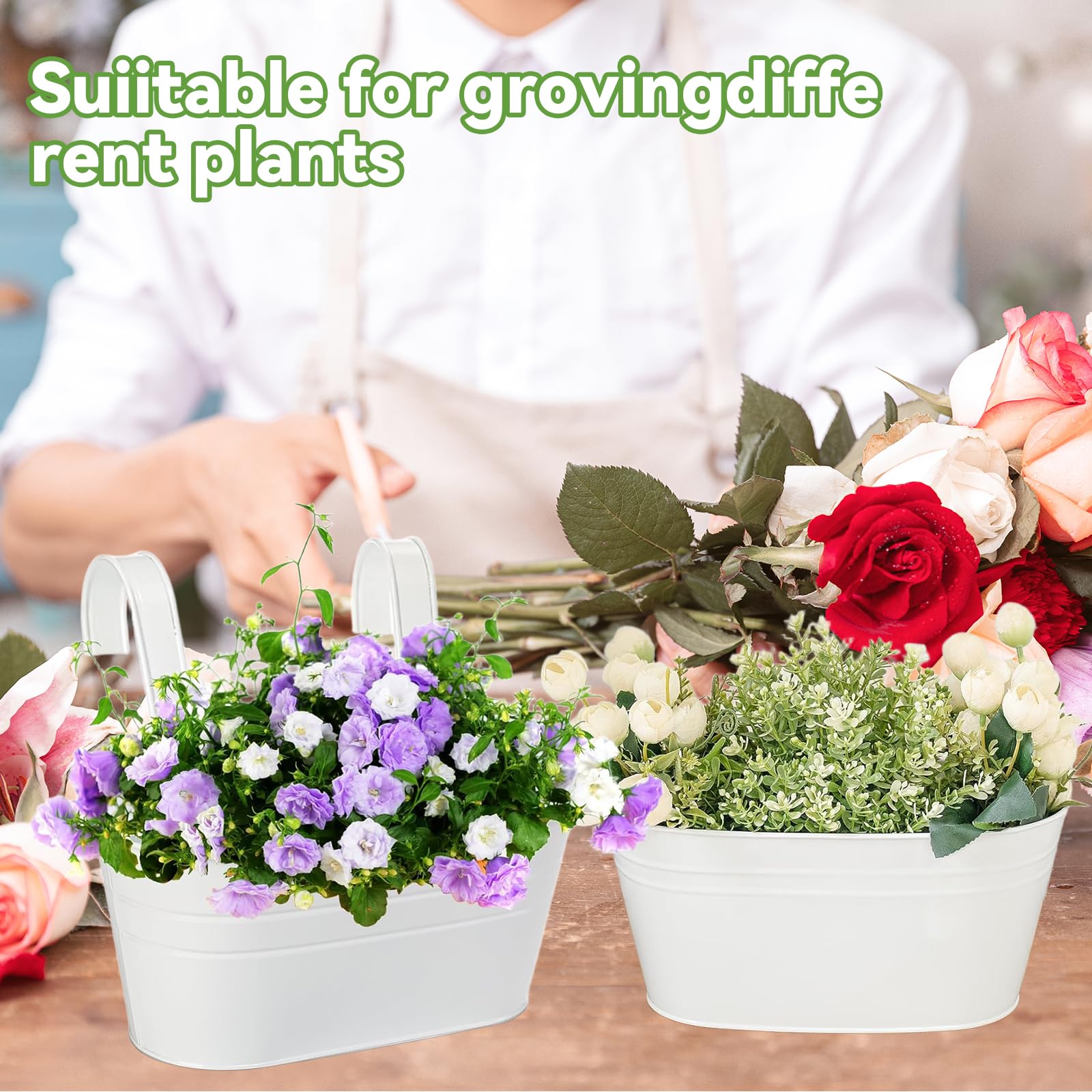 4 Stück Metall Blumentopf Hängend, Groß Hängetopf für Pflanzen, 27cm Blumentöpfe zum Aufhängen, Mit Abflussloch, für Balkonzäune, Gartendekoration, Mauerzäune (Weiß)