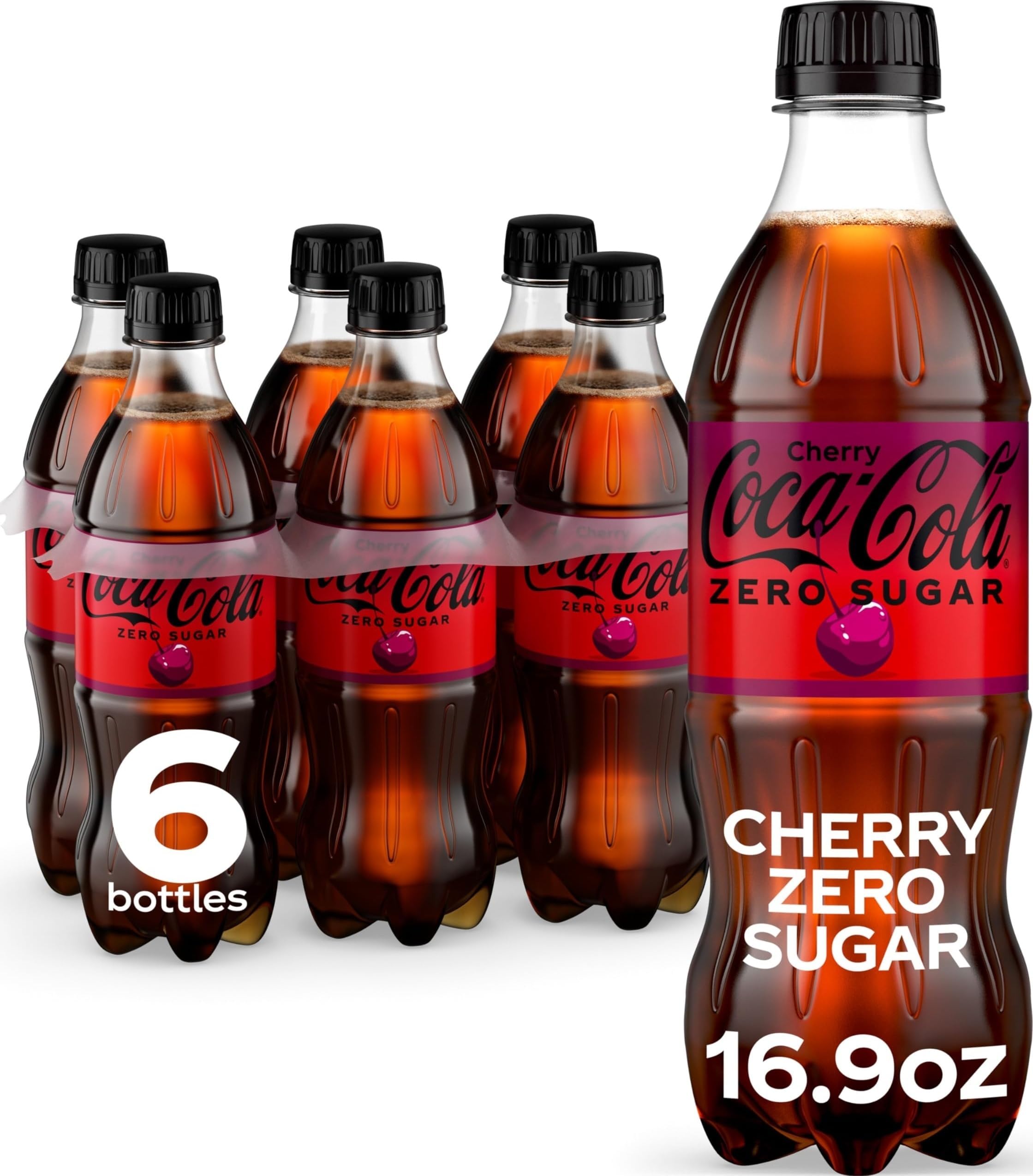 Sugar Cherry Soda Soft Drink Bottles, 16.9 fl oz, 6 Pack | Zero calorie, carbonated drink with cherry flavor